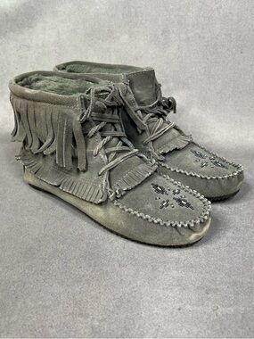 Fringed Suede Moccasin Bootie with Beaded Toe - Gray